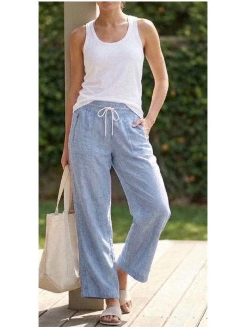 Athleta Blue Cabo Linen Wide Leg Pants Drawstring Size 6